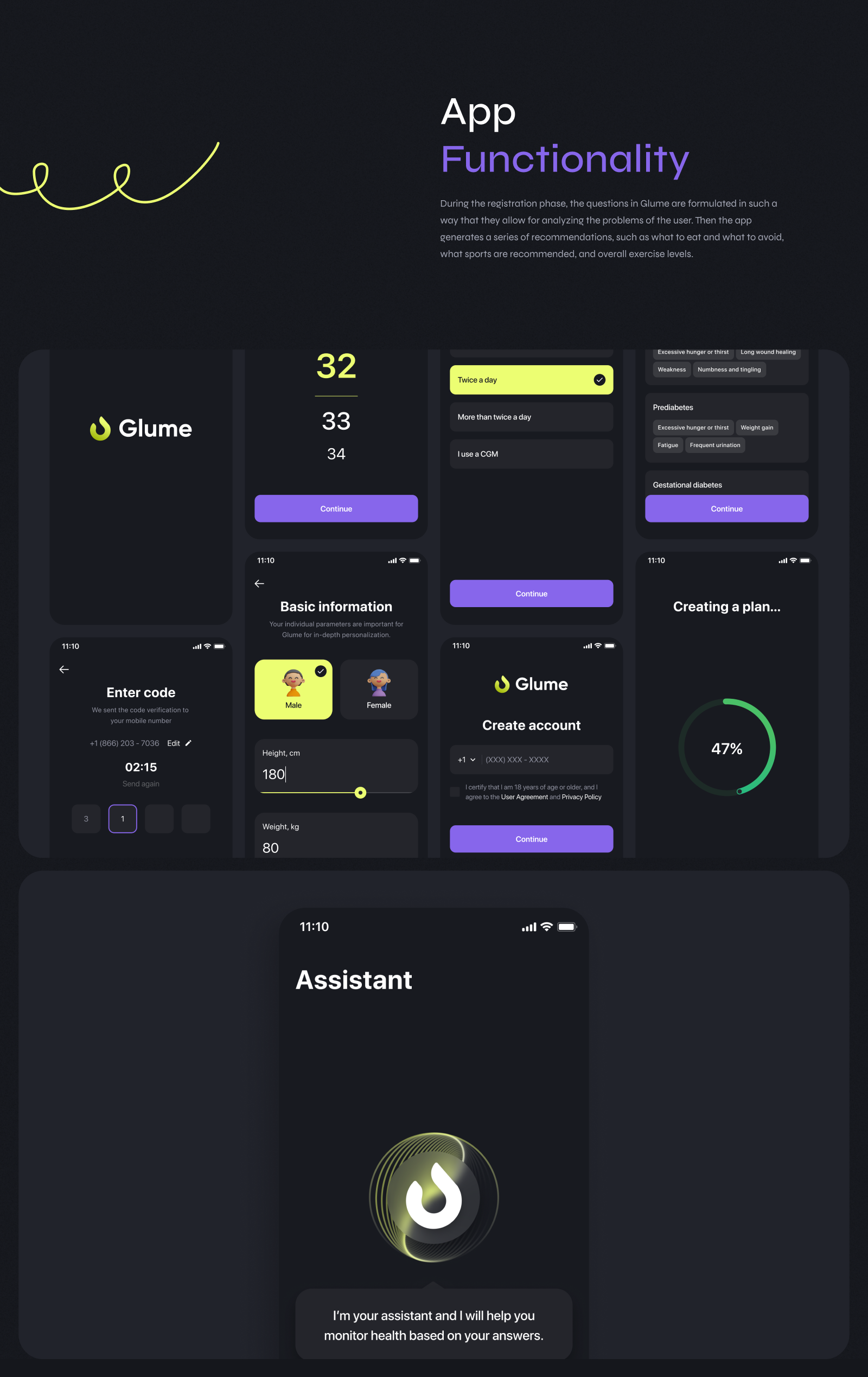 Glume - Healthcare mobile app design for diabetics